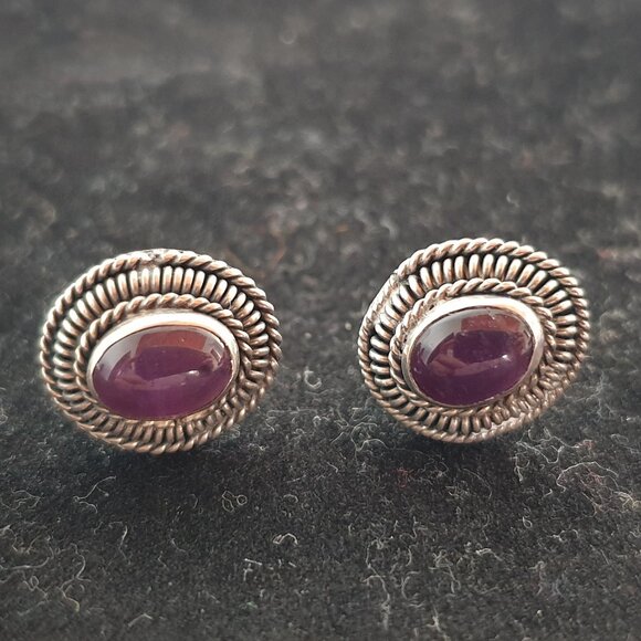 Vintage Natural Amethyst Cabochon 925 Silver Stud Earrings – Handcrafted - Picture 13 of 14